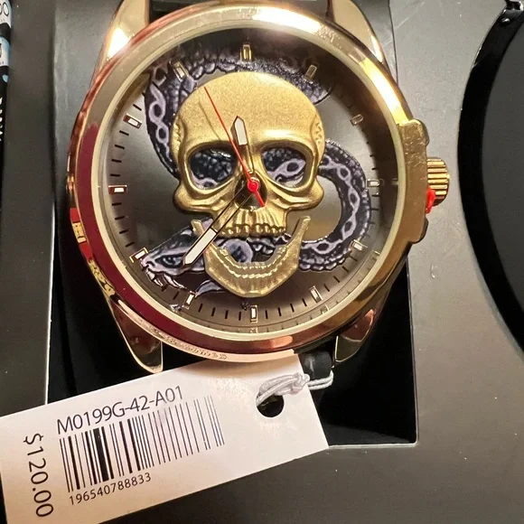 Ed Hardy NWT Gold Tone Black Face Heart ♥️ Kills Skull Watch & Bluetooth Speaker - Picture 6 of 7